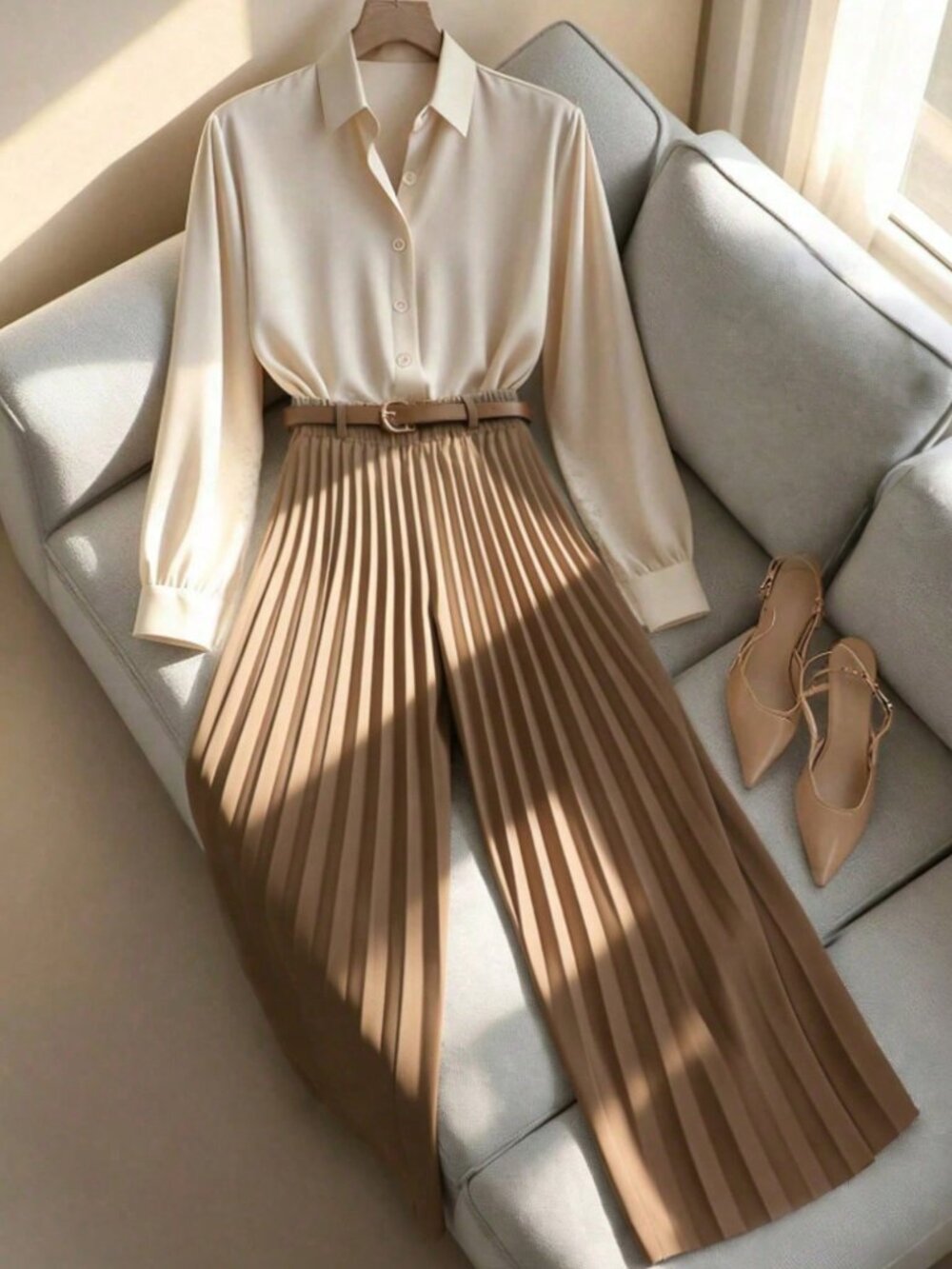 Brown Elegant Women's Elastic Waist Pleated Wide Leg Pants - Picture 3 of 6